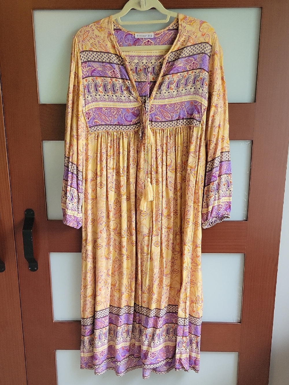 Boho Tassel Drawstring Maxi Dress in Yellow & Purple